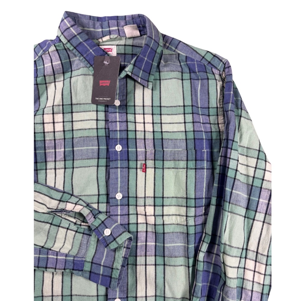NWT Levis The One Pocket Plaid Button Down Shirt Mens Medium Green Blue LS